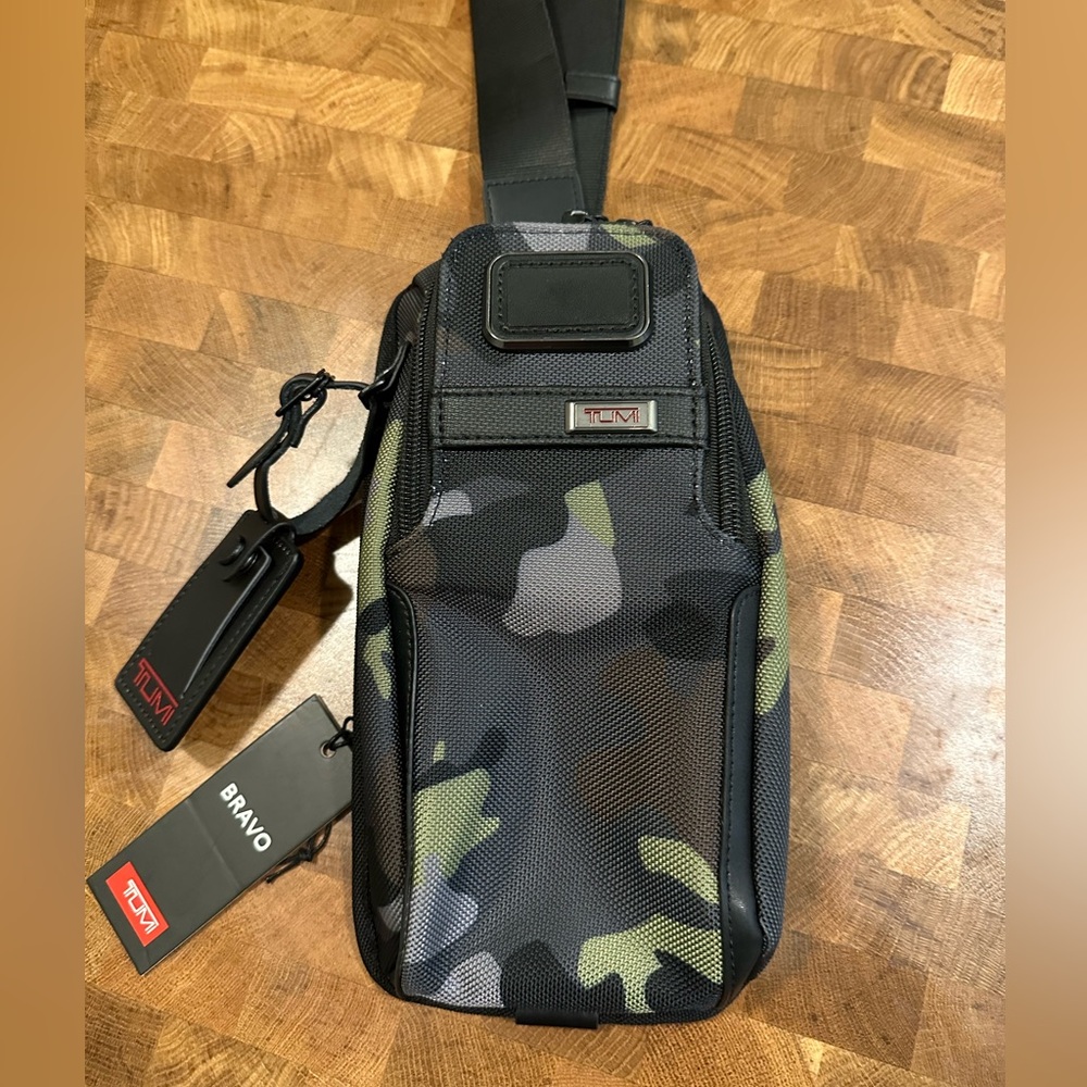 TUMI Alpha Compact Sling Bag Black and Green Camouflage